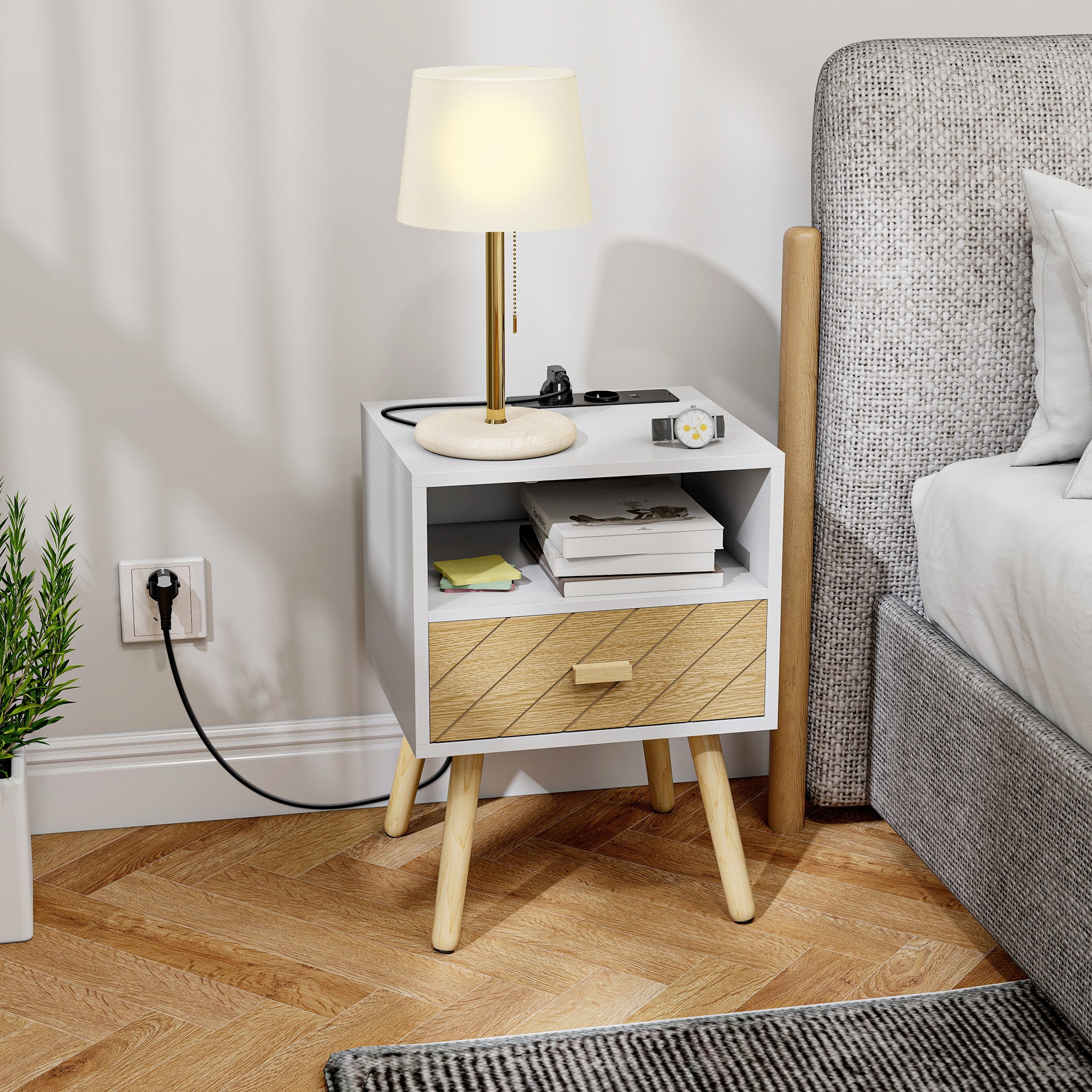 Nightstand with Charging Station, Drawer, 2 AC Outlets, USB & USB-C, Open Shelf, Pine Legs, White
