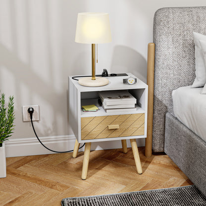 Nightstand with Charging Station, Drawer, 2 AC Outlets, USB & USB-C, Open Shelf, Pine Legs, White