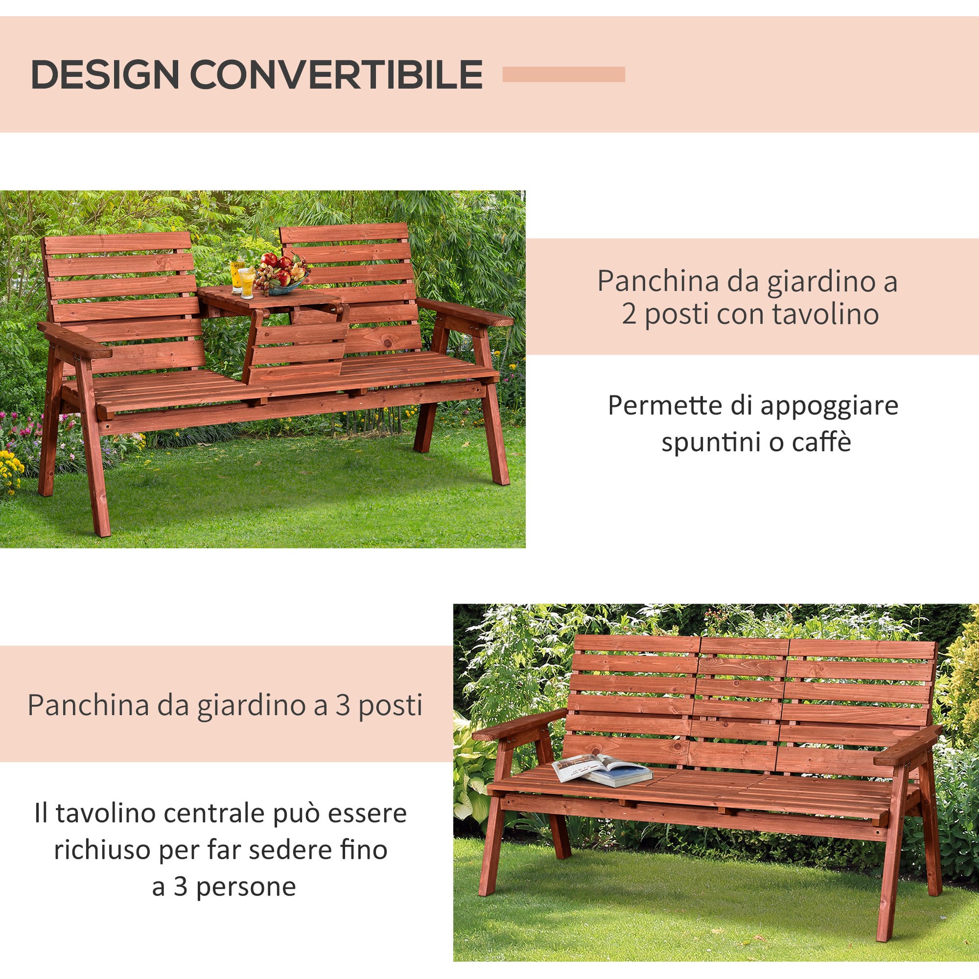 Outdoor Bench in Fir Wood 2 or 3 Seater, Convertible Table into a Seat, Waterproof, 160x68x92cm
