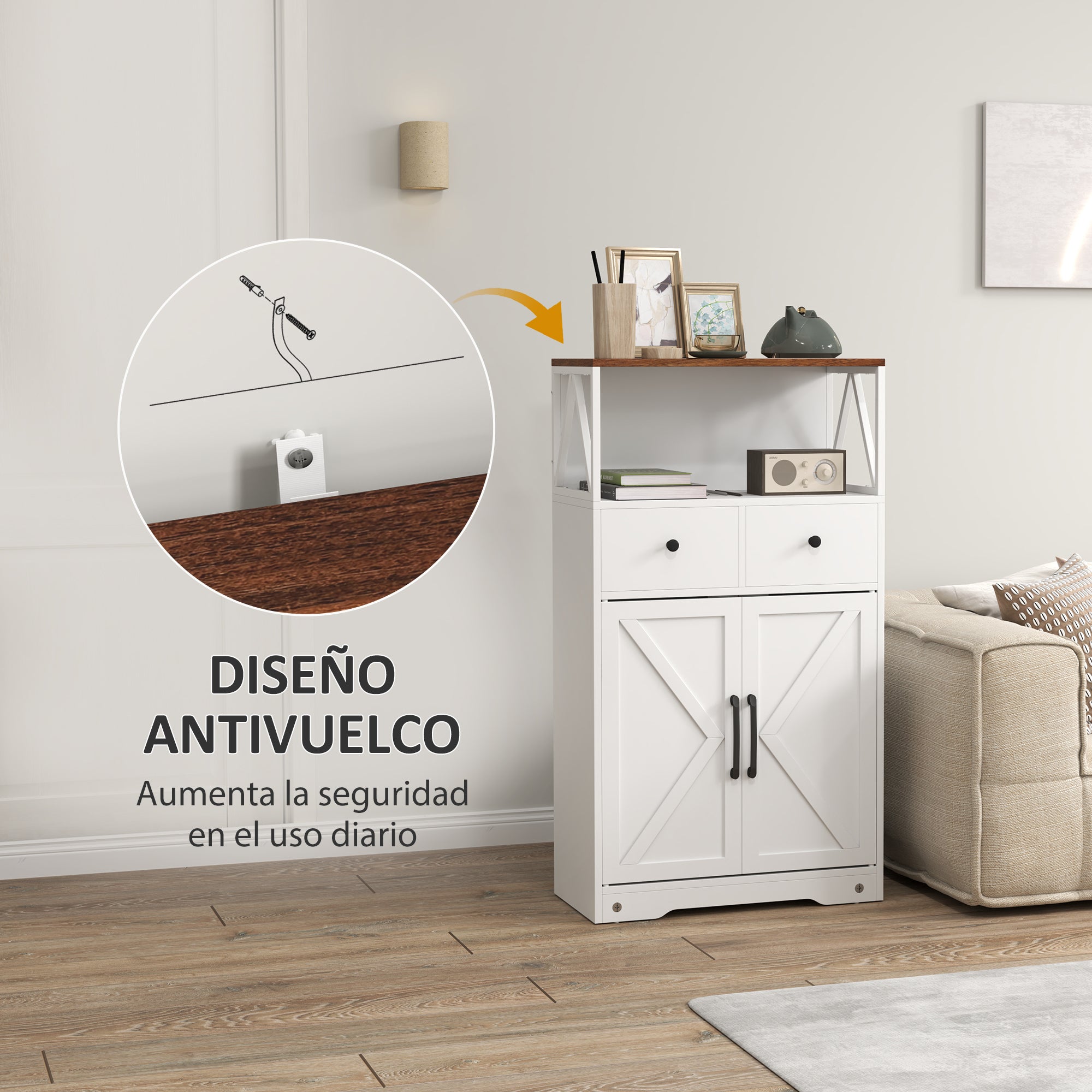 Living Room Sideboard Multi-purpose Cabinet with Shelves Drawers Barn Doors Buffet for Kitchen Bedroom 60x31x108 cm White