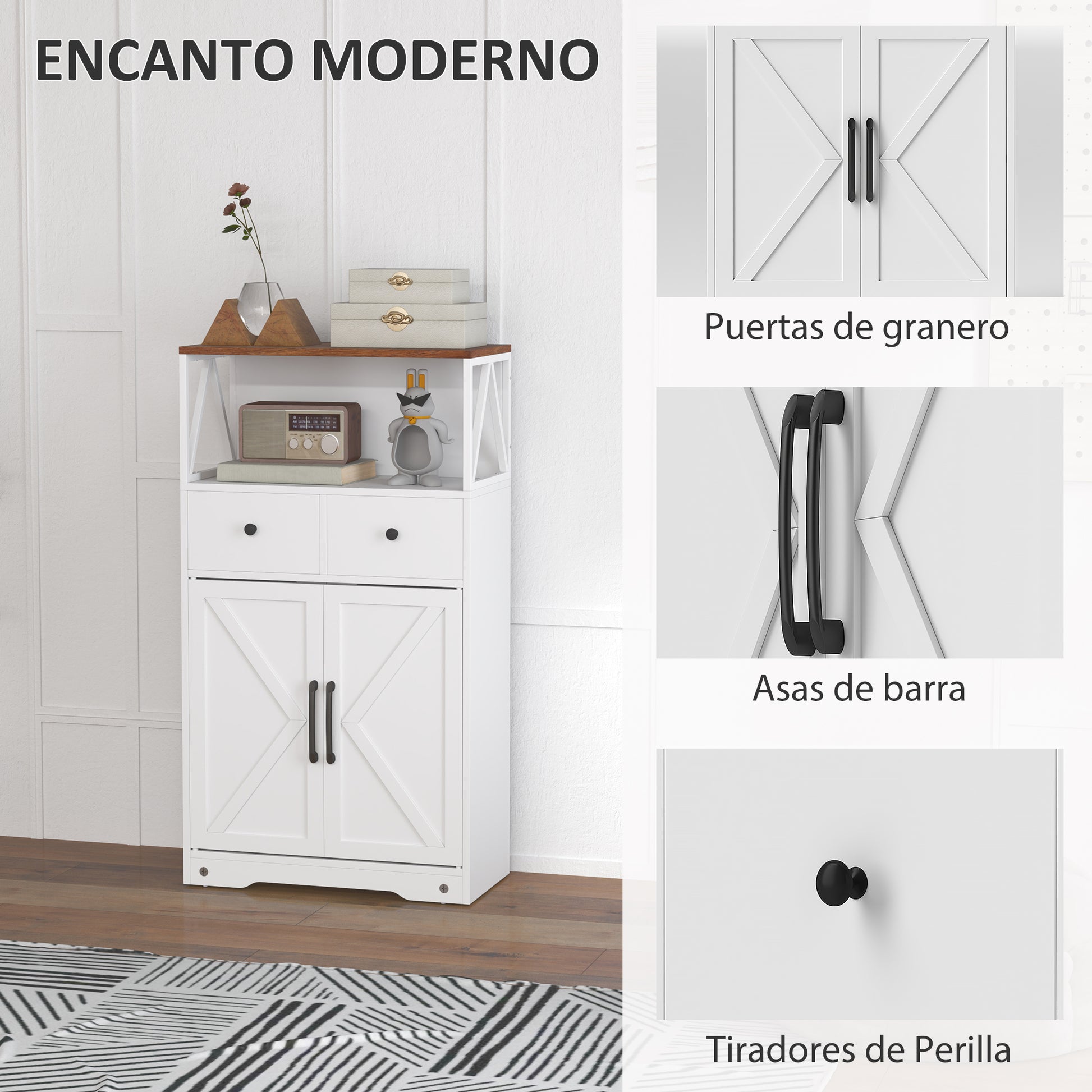 Living Room Sideboard Multi-purpose Cabinet with Shelves Drawers Barn Doors Buffet for Kitchen Bedroom 60x31x108 cm White