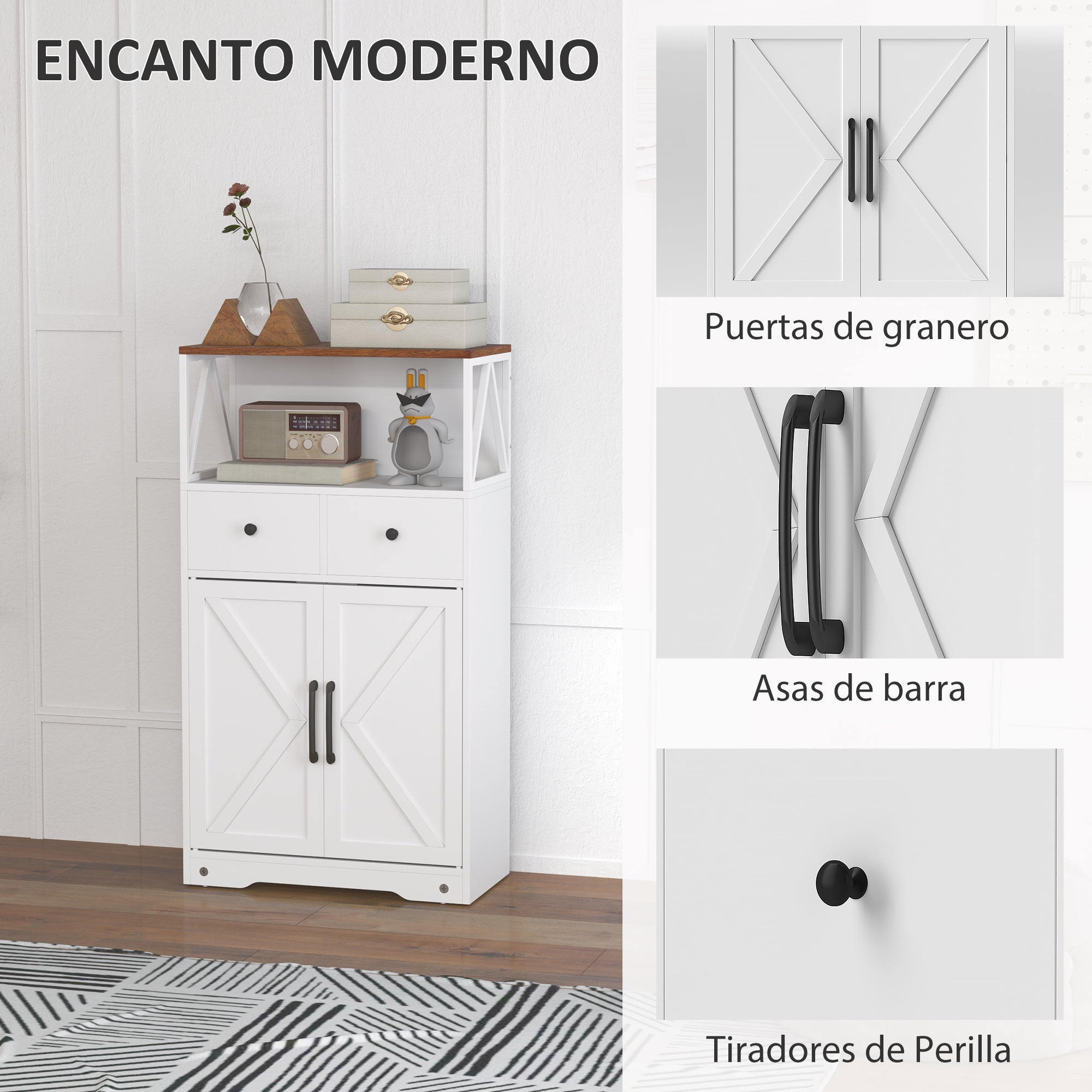Living Room Sideboard Multi-purpose Cabinet with Shelves Drawers Barn Doors Buffet for Kitchen Bedroom 60x31x108 cm White