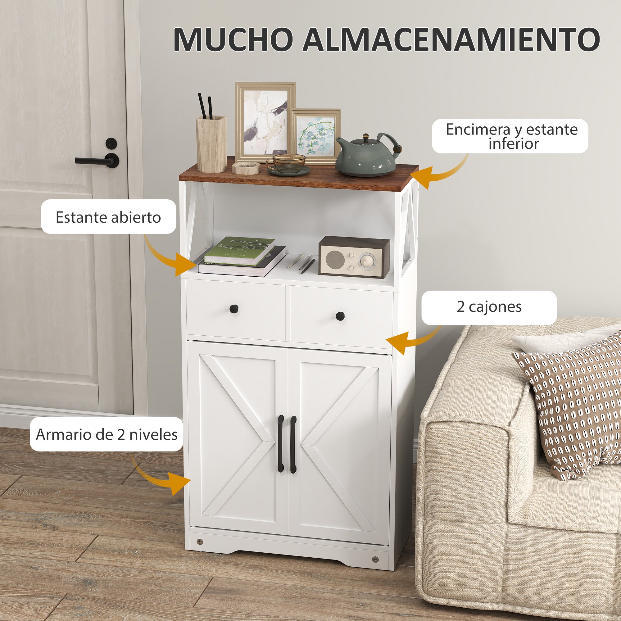 Living Room Sideboard Multi-purpose Cabinet with Shelves Drawers Barn Doors Buffet for Kitchen Bedroom 60x31x108 cm White