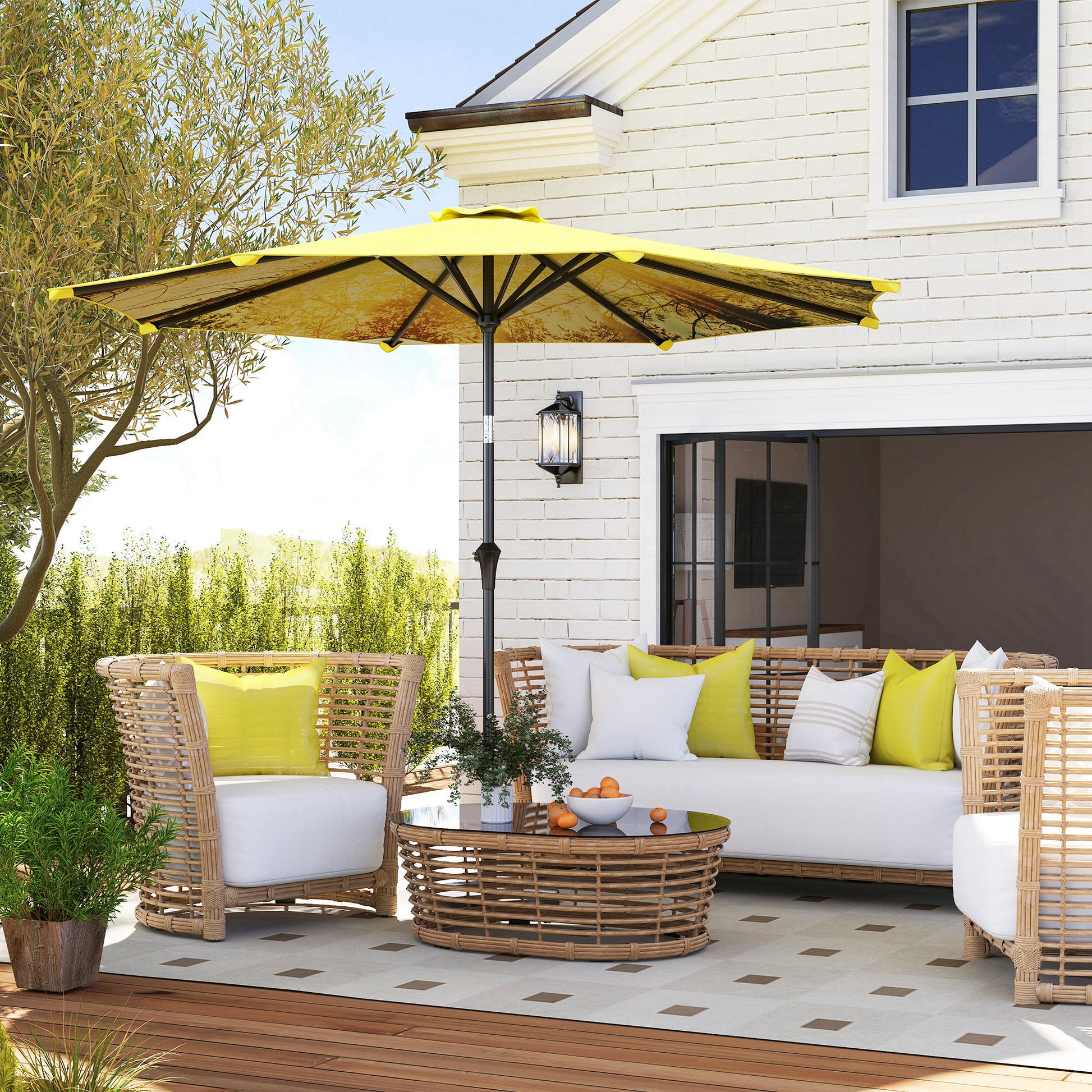 Sun Umbrella Ø300 cm, Sun Umbrella with Hand Crank, Pattern，Octagonal Balcony Umbrella Beach Umbrella Windproof Stable Market Umbrella Crank Umbrella Sun Protection for Beach Balcony Terrace Garden, Yellow