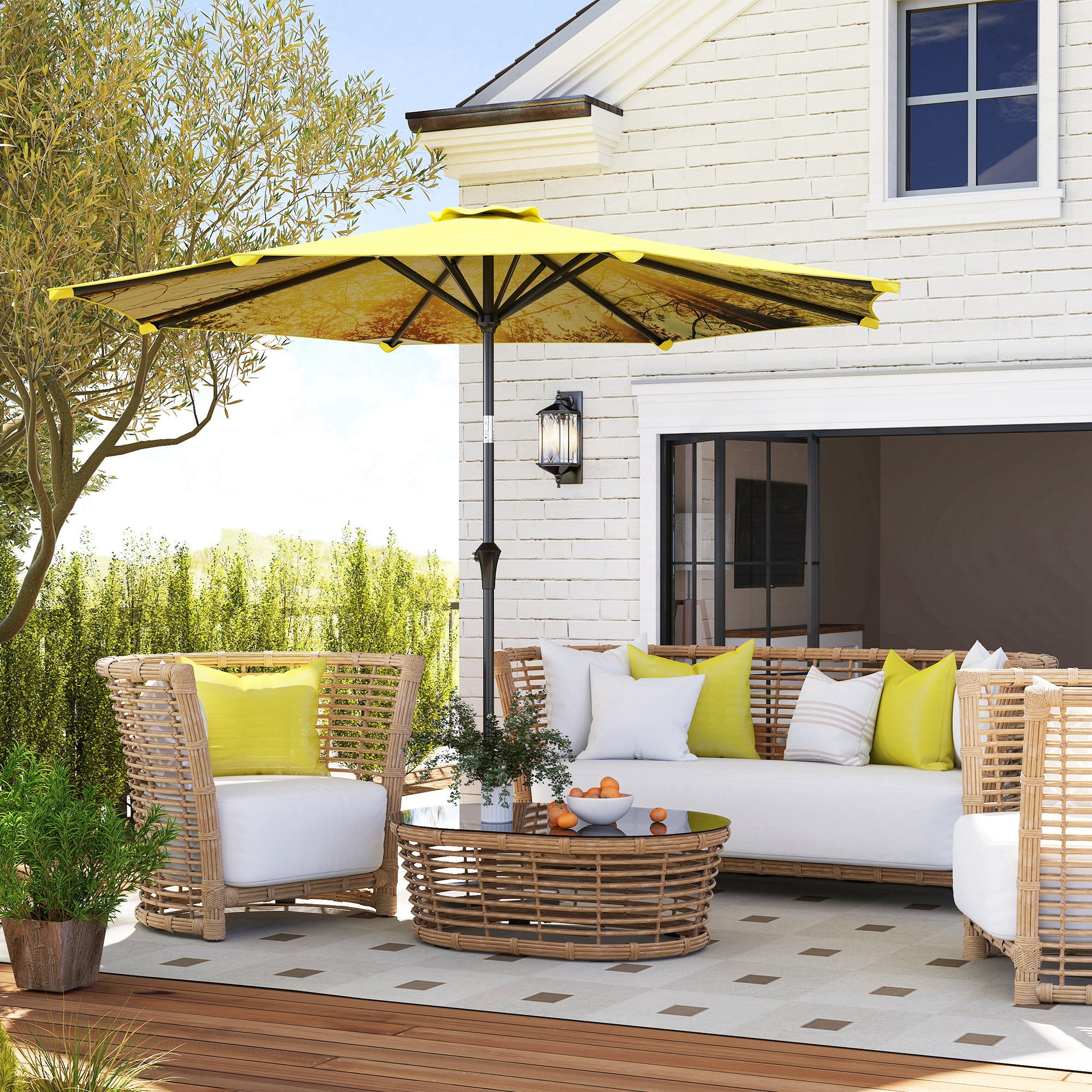 Sun Umbrella Ø300 cm, Sun Umbrella with Hand Crank, Pattern，Octagonal Balcony Umbrella Beach Umbrella Windproof Stable Market Umbrella Crank Umbrella Sun Protection for Beach Balcony Terrace Garden, Yellow