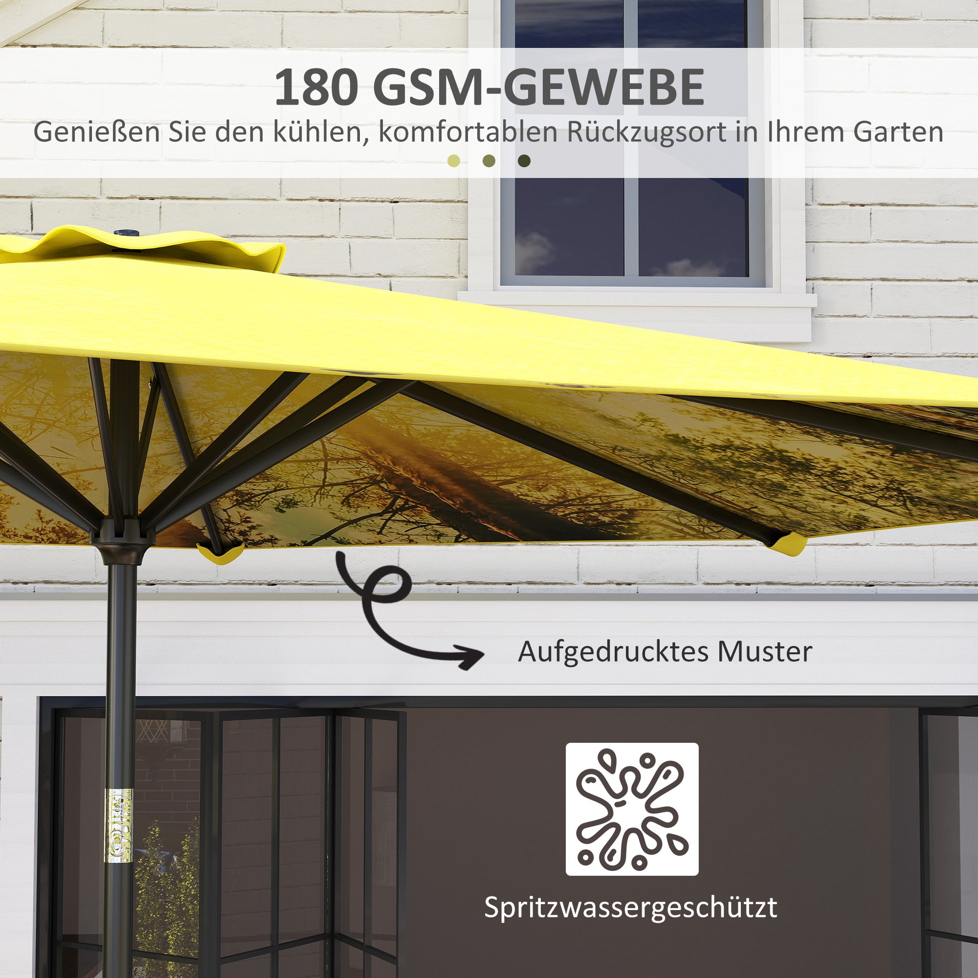 Sun Umbrella Ø300 cm, Sun Umbrella with Hand Crank, Pattern，Octagonal Balcony Umbrella Beach Umbrella Windproof Stable Market Umbrella Crank Umbrella Sun Protection for Beach Balcony Terrace Garden, Yellow
