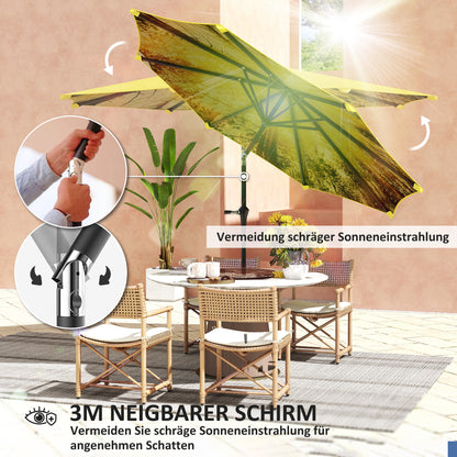 Sun Umbrella Ø300 cm, Sun Umbrella with Hand Crank, Pattern，Octagonal Balcony Umbrella Beach Umbrella Windproof Stable Market Umbrella Crank Umbrella Sun Protection for Beach Balcony Terrace Garden, Yellow