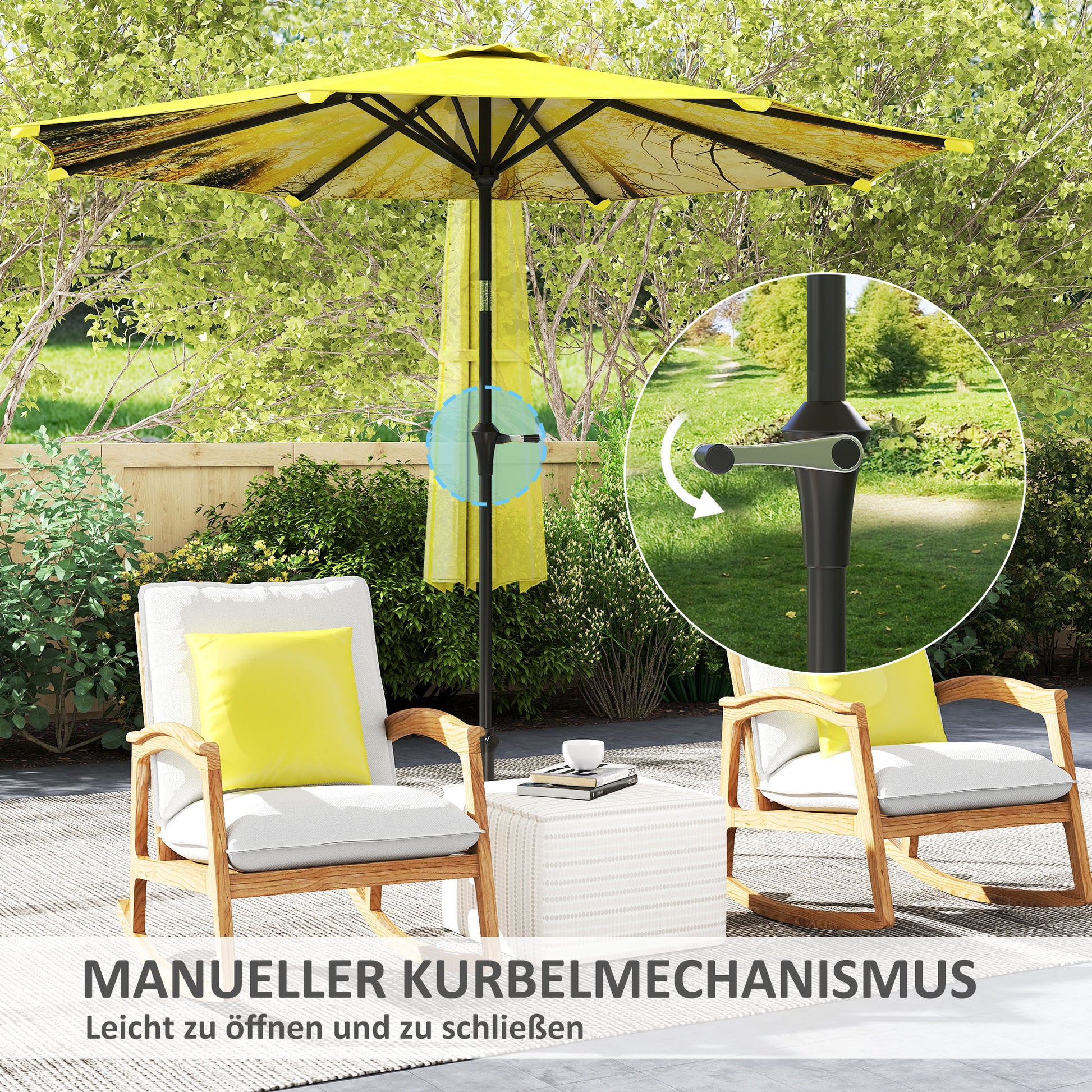 Sun Umbrella Ø300 cm, Sun Umbrella with Hand Crank, Pattern，Octagonal Balcony Umbrella Beach Umbrella Windproof Stable Market Umbrella Crank Umbrella Sun Protection for Beach Balcony Terrace Garden, Yellow