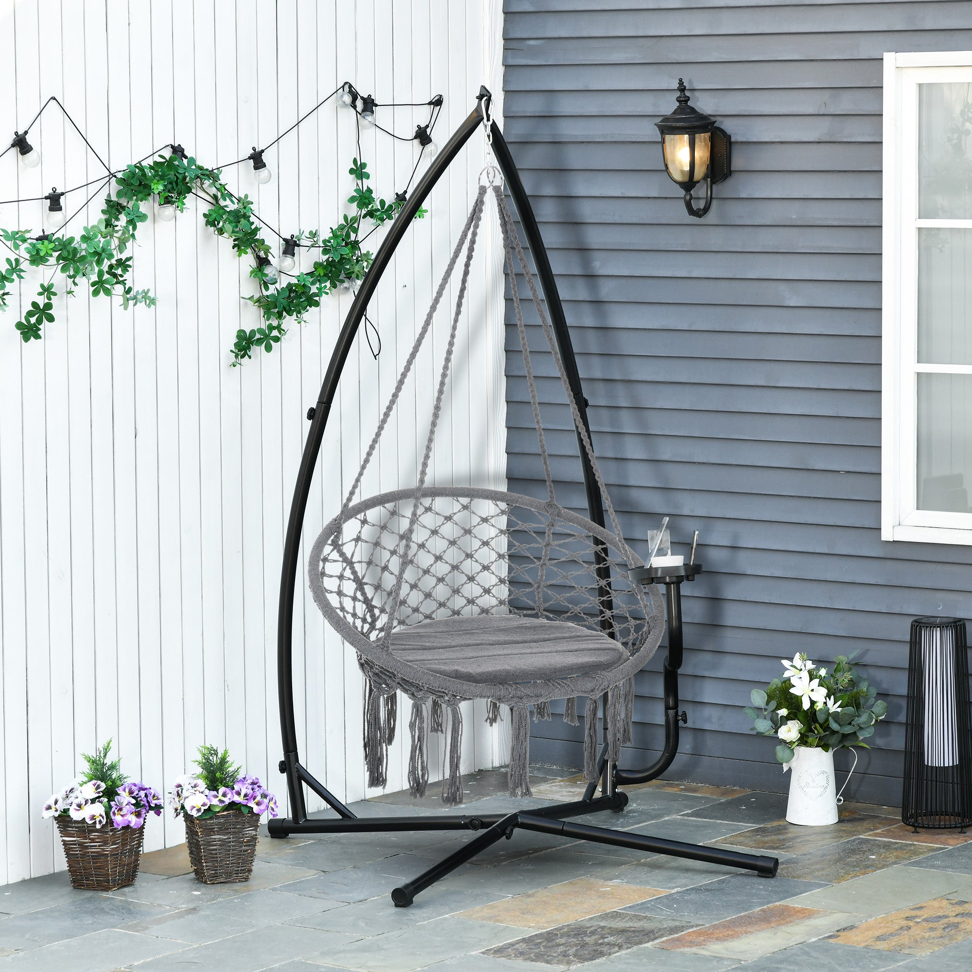 Hanging Chair Stand 190 cm Swing Holder with Side Table Max. 120 kg Metal Structure for Patio Garden Black
