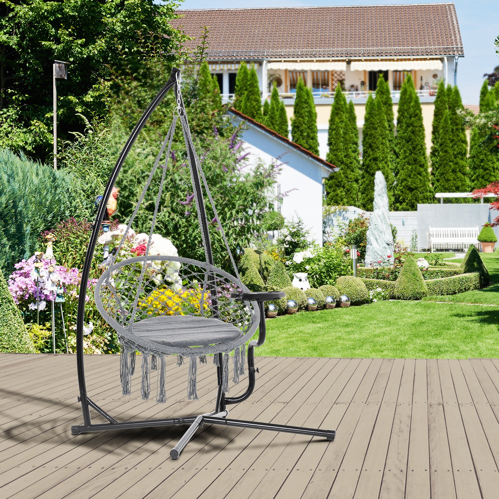 Hanging Chair Stand 190 cm Swing Holder with Side Table Max. 120 kg Metal Structure for Patio Garden Black