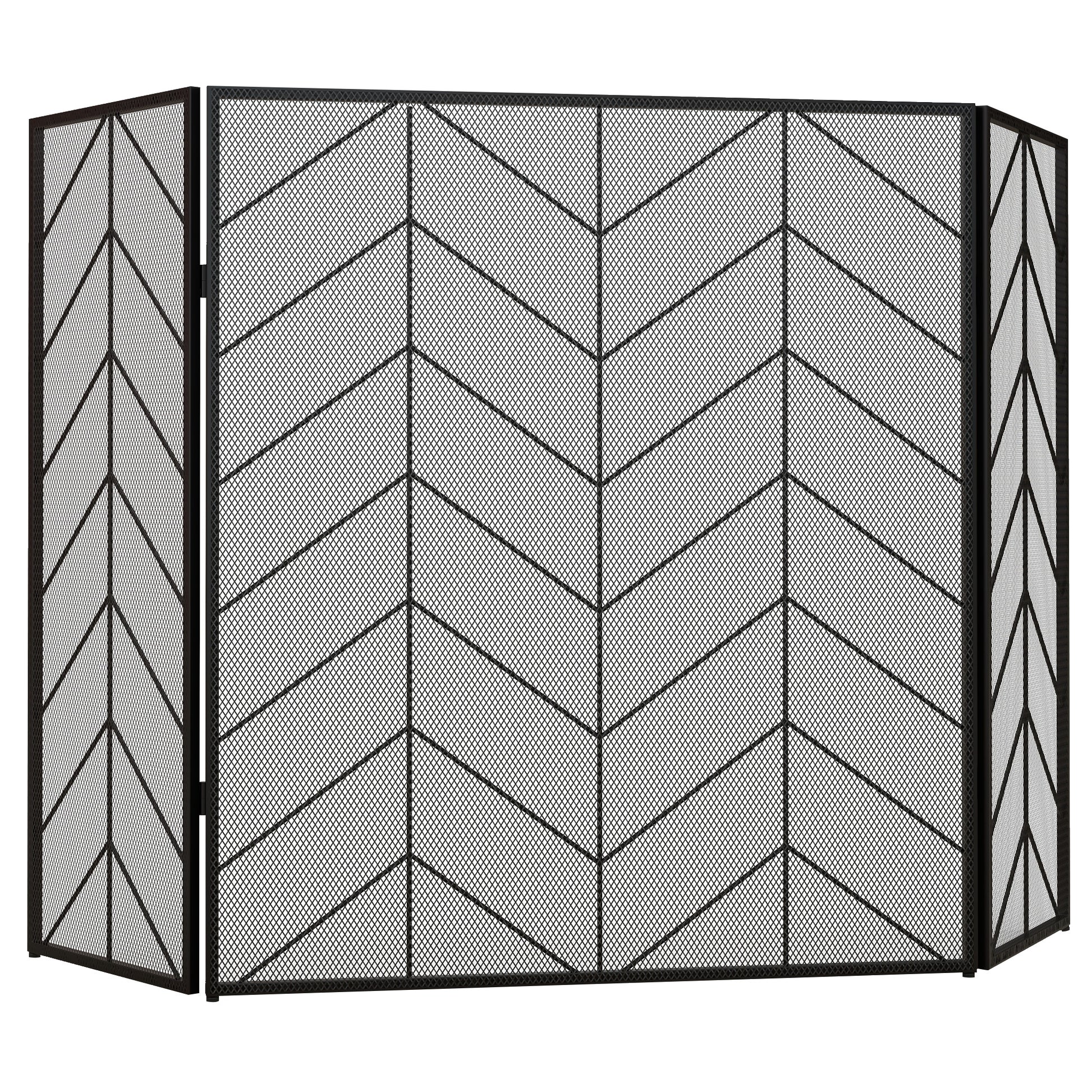 Spark Protection Screen, 3-Panel Foldable Fire Guard, Fireplace Spark Guard, Fireplace Screen, Hearth Screen, Decorative Mesh, Steel, 135 x 85 cm, Black