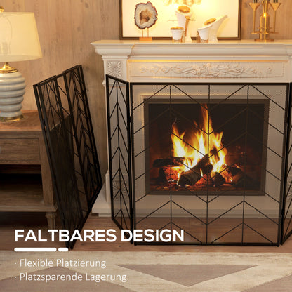 Spark Protection Screen, 3-Panel Foldable Fire Guard, Fireplace Spark Guard, Fireplace Screen, Hearth Screen, Decorative Mesh, Steel, 135 x 85 cm, Black