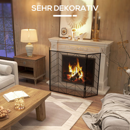 Spark Protection Screen, 3-Panel Foldable Fire Guard, Fireplace Spark Guard, Fireplace Screen, Hearth Screen, Decorative Mesh, Steel, 135 x 85 cm, Black