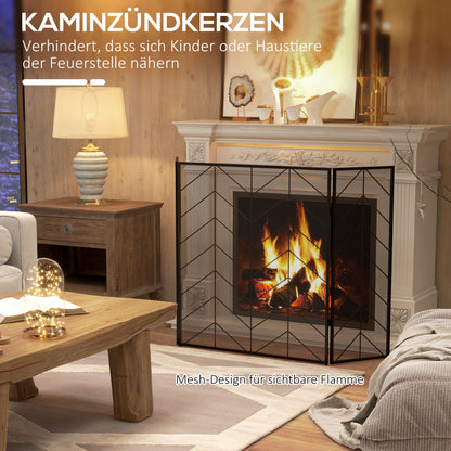 Spark Protection Screen, 3-Panel Foldable Fire Guard, Fireplace Spark Guard, Fireplace Screen, Hearth Screen, Decorative Mesh, Steel, 135 x 85 cm, Black