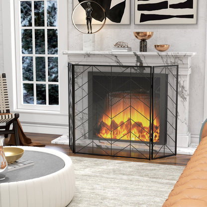 Spark Protection Screen, 3-Panel Foldable Fire Guard, Fireplace Spark Guard, Fireplace Screen, Hearth Screen, Decorative Mesh, Steel, 135 x 85 cm, Black