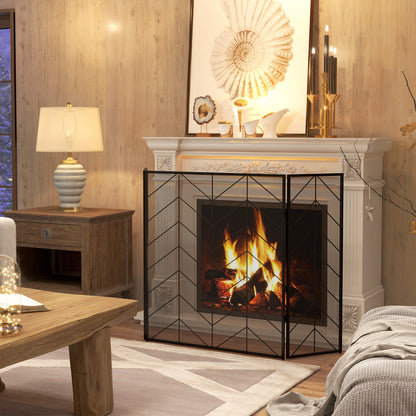 Spark Protection Screen, 3-Panel Foldable Fire Guard, Fireplace Spark Guard, Fireplace Screen, Hearth Screen, Decorative Mesh, Steel, 135 x 85 cm, Black