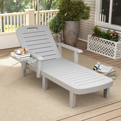 Sun Lounger Garden Bed with Side Table Wood Look Recliner with 5-Position Adjustable Backrest, Weatherproof Camping Bed, Garden Chair up to 120 kg load, for Garden Outdoor Beach, Light Gray