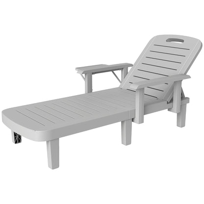 Sun Lounger Garden Bed with Side Table Wood Look Recliner with 5-Position Adjustable Backrest, Weatherproof Camping Bed, Garden Chair up to 120 kg load, for Garden Outdoor Beach, Light Gray