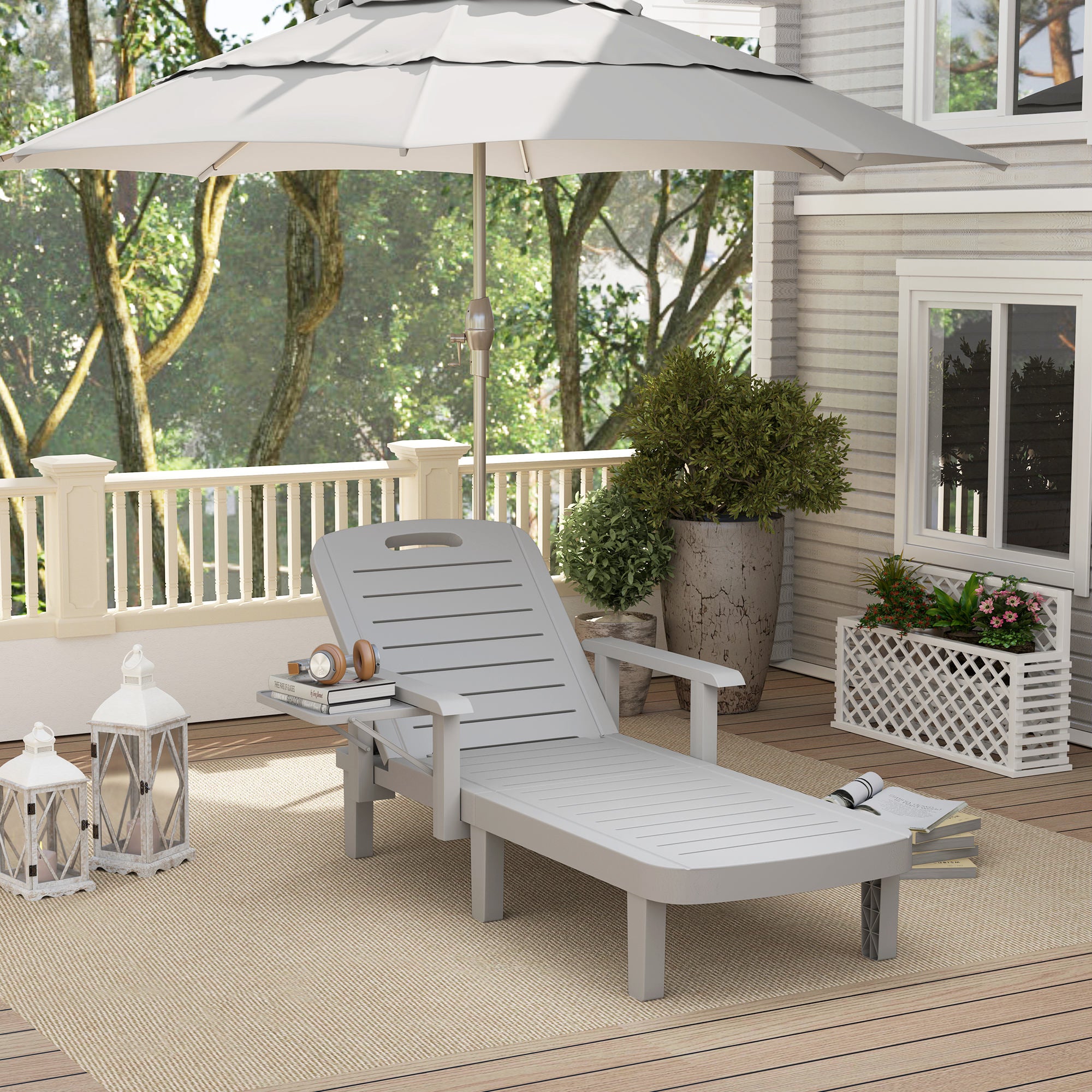 Sun Lounger Garden Bed with Side Table Wood Look Recliner with 5-Position Adjustable Backrest, Weatherproof Camping Bed, Garden Chair up to 120 kg load, for Garden Outdoor Beach, Light Gray