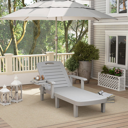 Sun Lounger Garden Bed with Side Table Wood Look Recliner with 5-Position Adjustable Backrest, Weatherproof Camping Bed, Garden Chair up to 120 kg load, for Garden Outdoor Beach, Light Gray