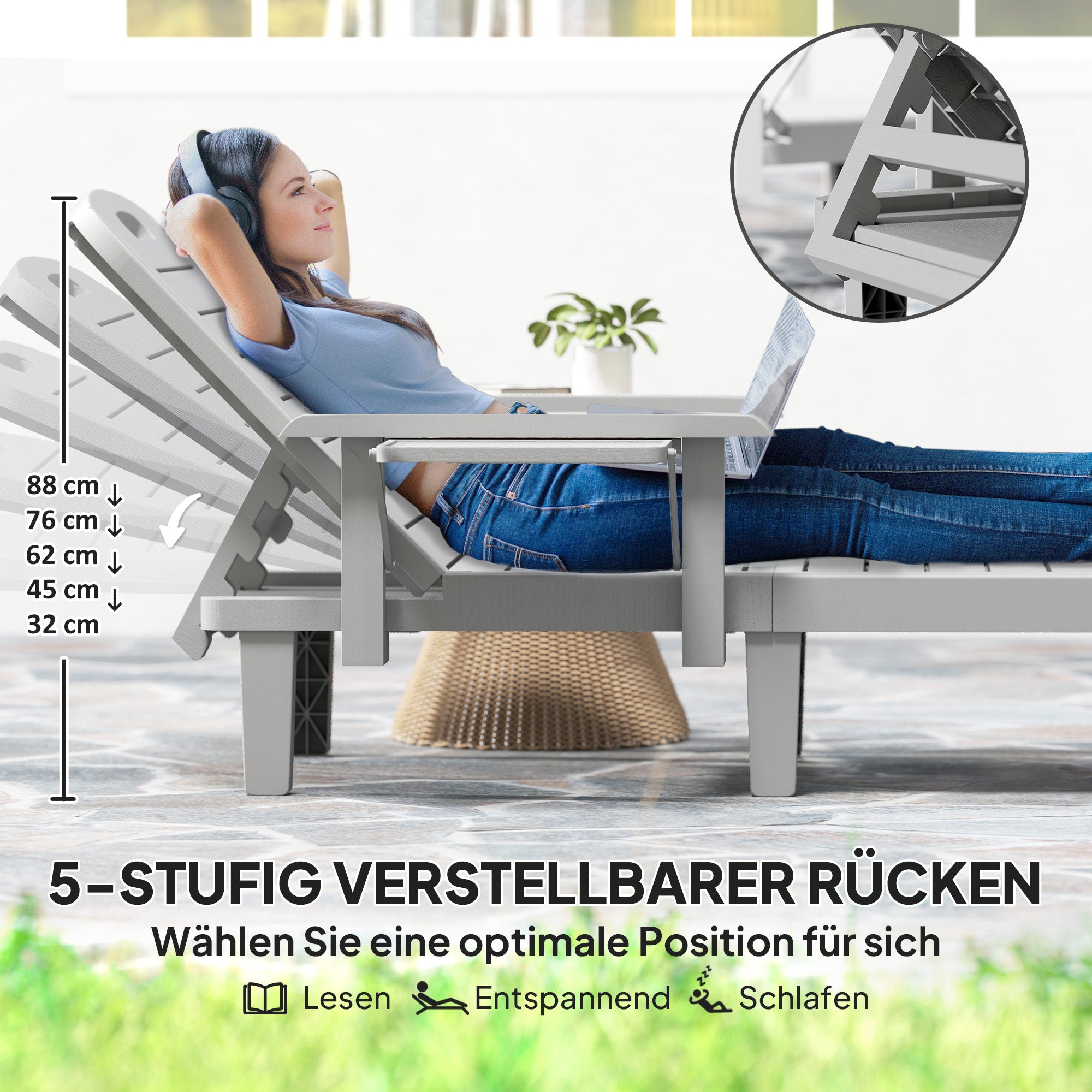 Sun Lounger Garden Bed with Side Table Wood Look Recliner with 5-Position Adjustable Backrest, Weatherproof Camping Bed, Garden Chair up to 120 kg load, for Garden Outdoor Beach, Light Gray