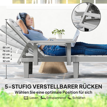 Sun Lounger Garden Bed with Side Table Wood Look Recliner with 5-Position Adjustable Backrest, Weatherproof Camping Bed, Garden Chair up to 120 kg load, for Garden Outdoor Beach, Light Gray