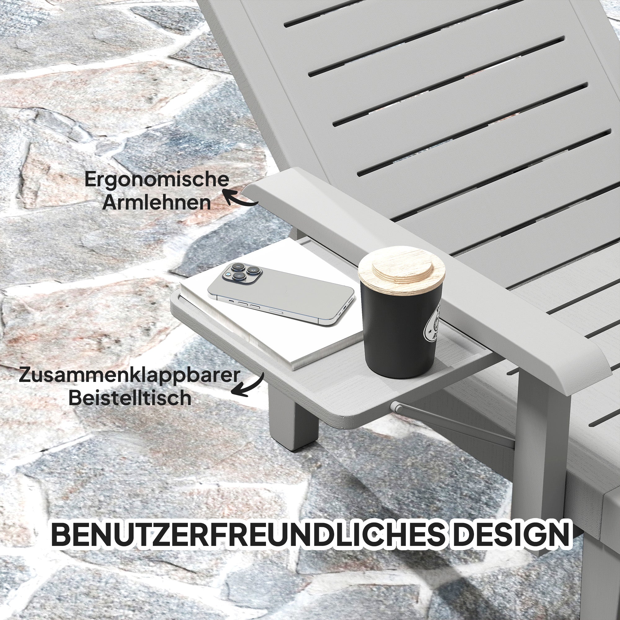 Sun Lounger Garden Bed with Side Table Wood Look Recliner with 5-Position Adjustable Backrest, Weatherproof Camping Bed, Garden Chair up to 120 kg load, for Garden Outdoor Beach, Light Gray