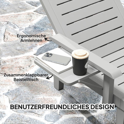 Sun Lounger Garden Bed with Side Table Wood Look Recliner with 5-Position Adjustable Backrest, Weatherproof Camping Bed, Garden Chair up to 120 kg load, for Garden Outdoor Beach, Light Gray