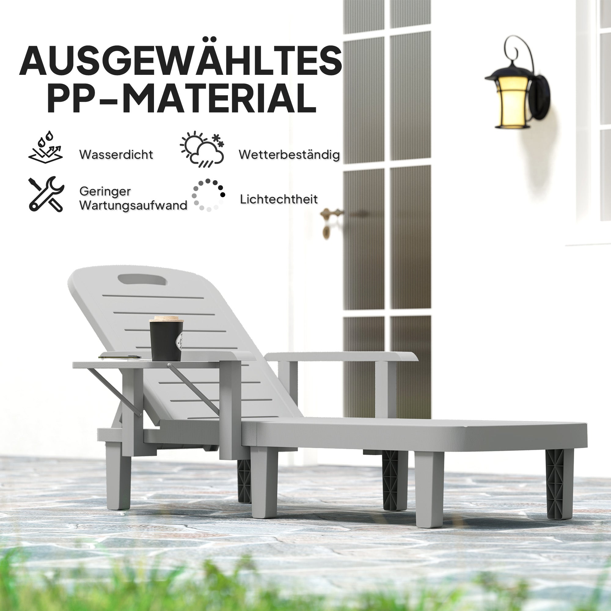 Sun Lounger Garden Bed with Side Table Wood Look Recliner with 5-Position Adjustable Backrest, Weatherproof Camping Bed, Garden Chair up to 120 kg load, for Garden Outdoor Beach, Light Gray