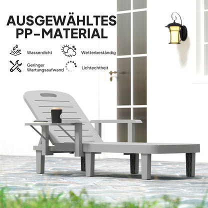 Sun Lounger Garden Bed with Side Table Wood Look Recliner with 5-Position Adjustable Backrest, Weatherproof Camping Bed, Garden Chair up to 120 kg load, for Garden Outdoor Beach, Light Gray