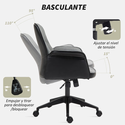 Tilt Office Chair Swivel Desk Chair Upholstered in PU and Linen Adjustable Height Armrests Study Chair Load 120 kg Gray and Black