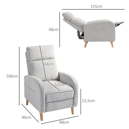 Manual Reclining Relax Armchair Upholstered in Synthetic Linen with Footrest and Side Pocket Load 120 kg Reclining Armchair for Bedroom Office Light Grey