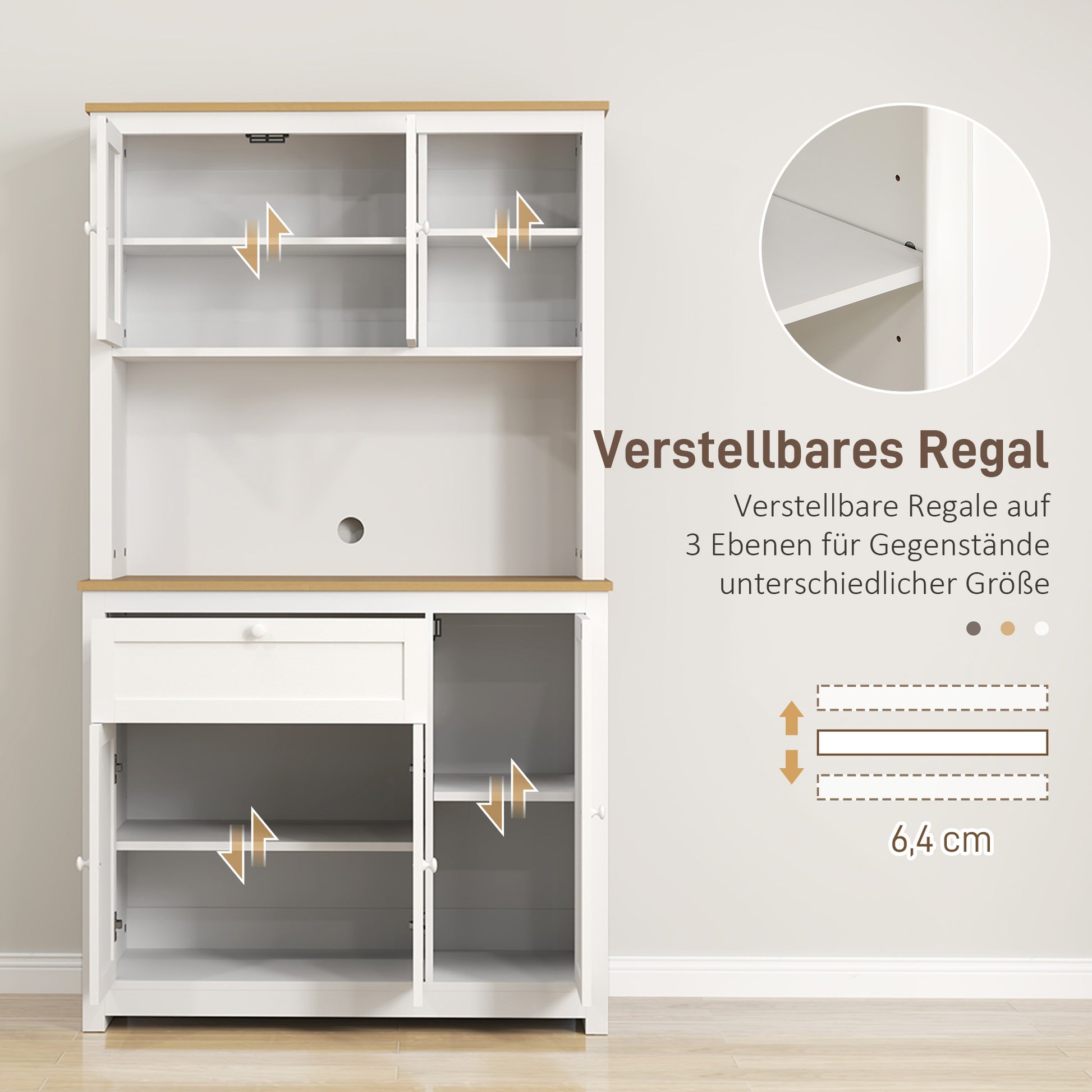 Kitchen Cabinet, Kitchen Buffet with Drawer, Multipurpose Cabinet with 2 Open Shelves, 3 Cabinets, Display Cabinet with Tabletop for Living Room, White, 100 x 40 x 180 cm