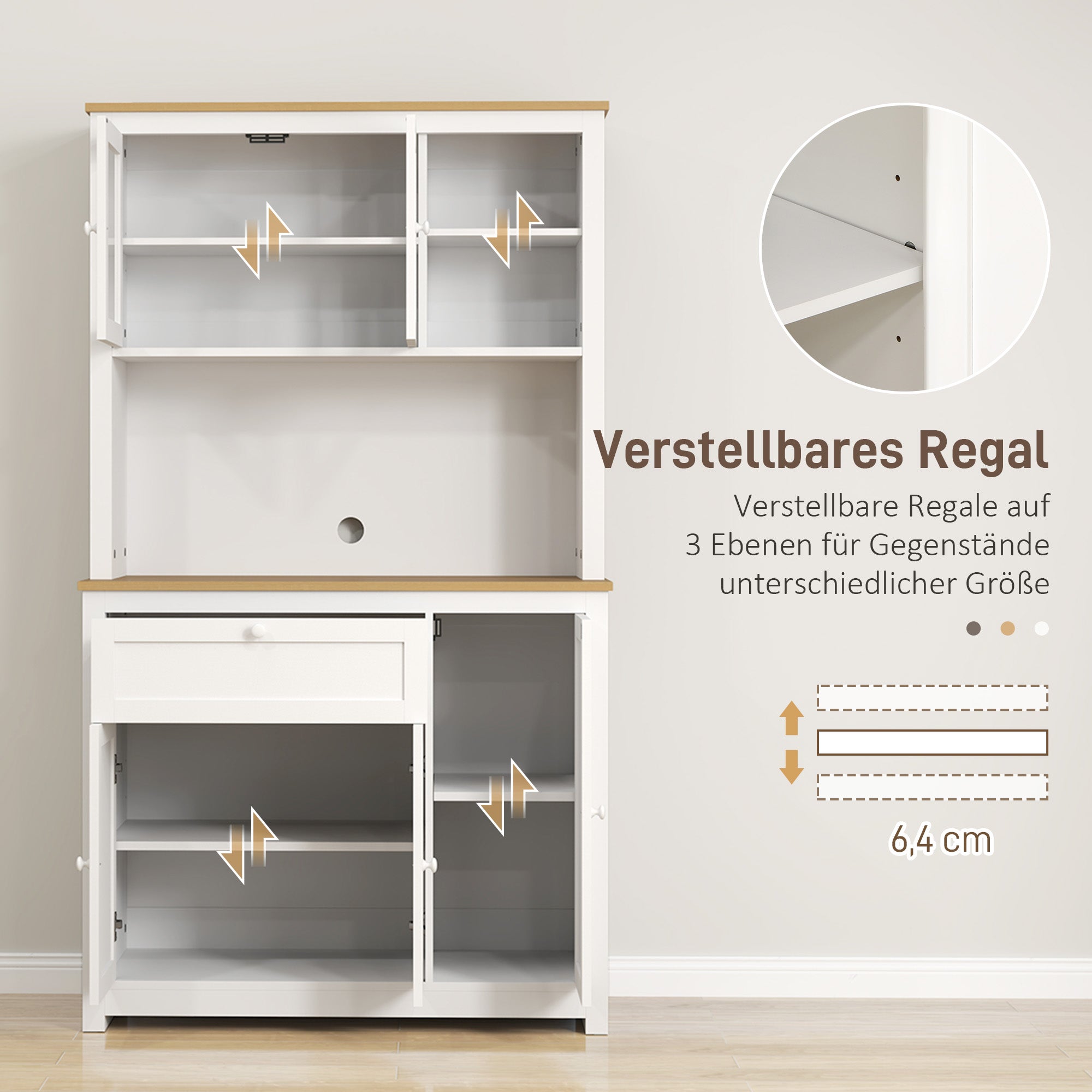 Kitchen Cabinet, Kitchen Buffet with Drawer, Multipurpose Cabinet with 2 Open Shelves, 3 Cabinets, Display Cabinet with Tabletop for Living Room, White, 100 x 40 x 180 cm