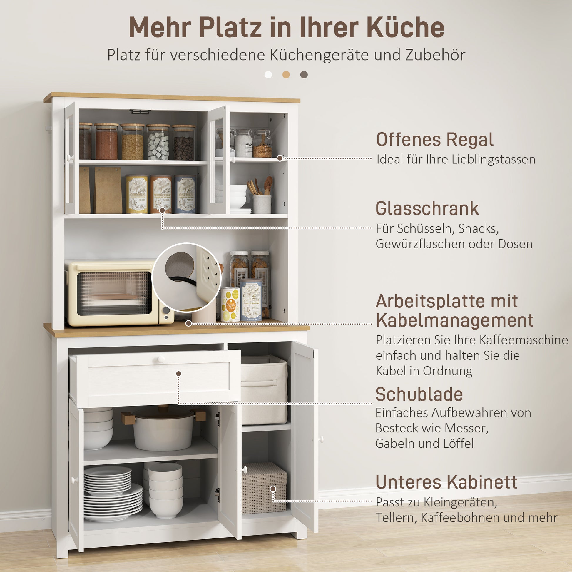 Kitchen Cabinet, Kitchen Buffet with Drawer, Multipurpose Cabinet with 2 Open Shelves, 3 Cabinets, Display Cabinet with Tabletop for Living Room, White, 100 x 40 x 180 cm