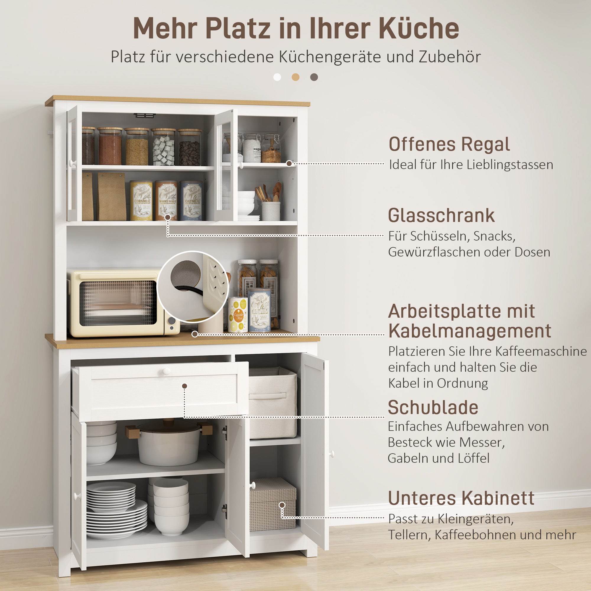 Kitchen Cabinet, Kitchen Buffet with Drawer, Multipurpose Cabinet with 2 Open Shelves, 3 Cabinets, Display Cabinet with Tabletop for Living Room, White, 100 x 40 x 180 cm