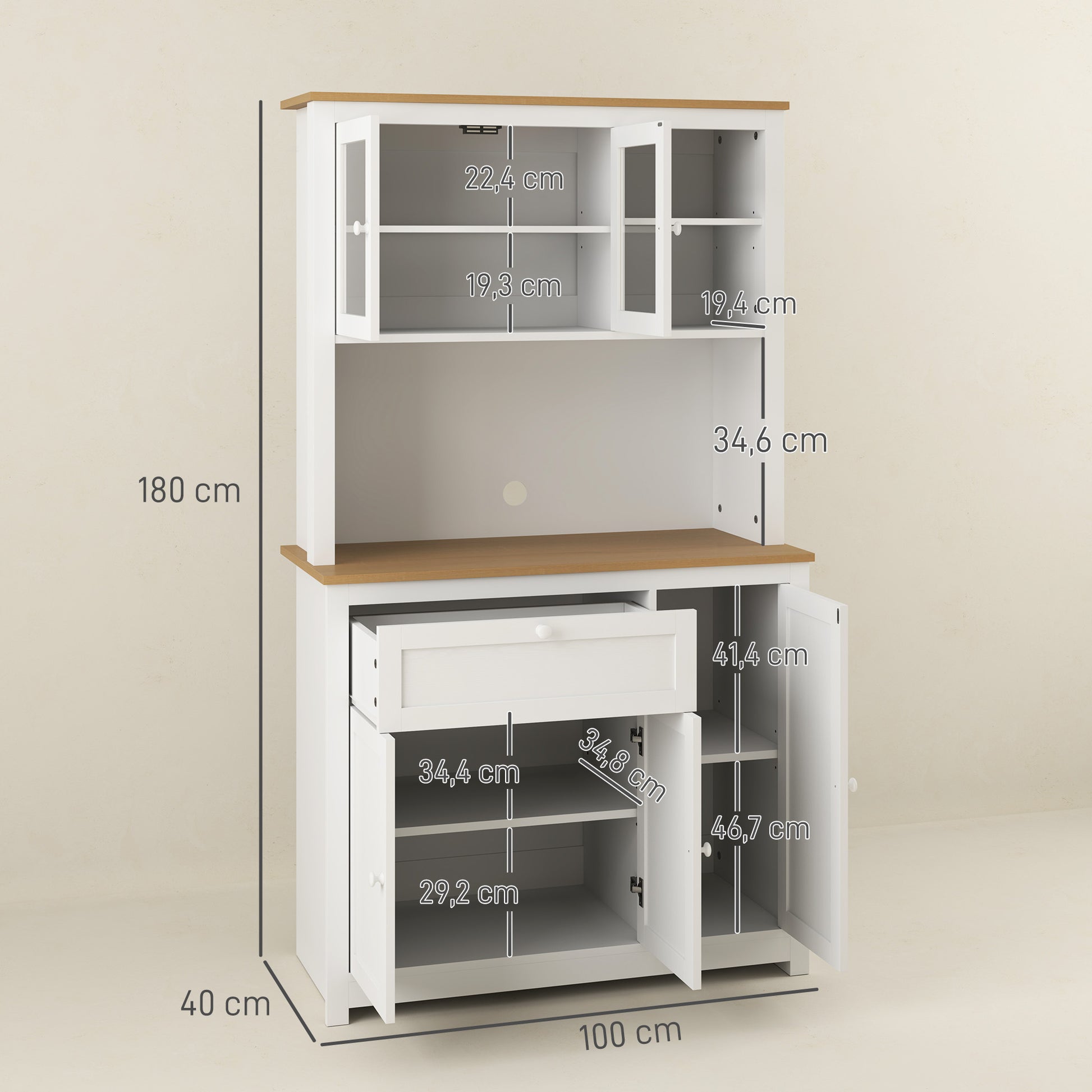 Kitchen Cabinet, Kitchen Buffet with Drawer, Multipurpose Cabinet with 2 Open Shelves, 3 Cabinets, Display Cabinet with Tabletop for Living Room, White, 100 x 40 x 180 cm