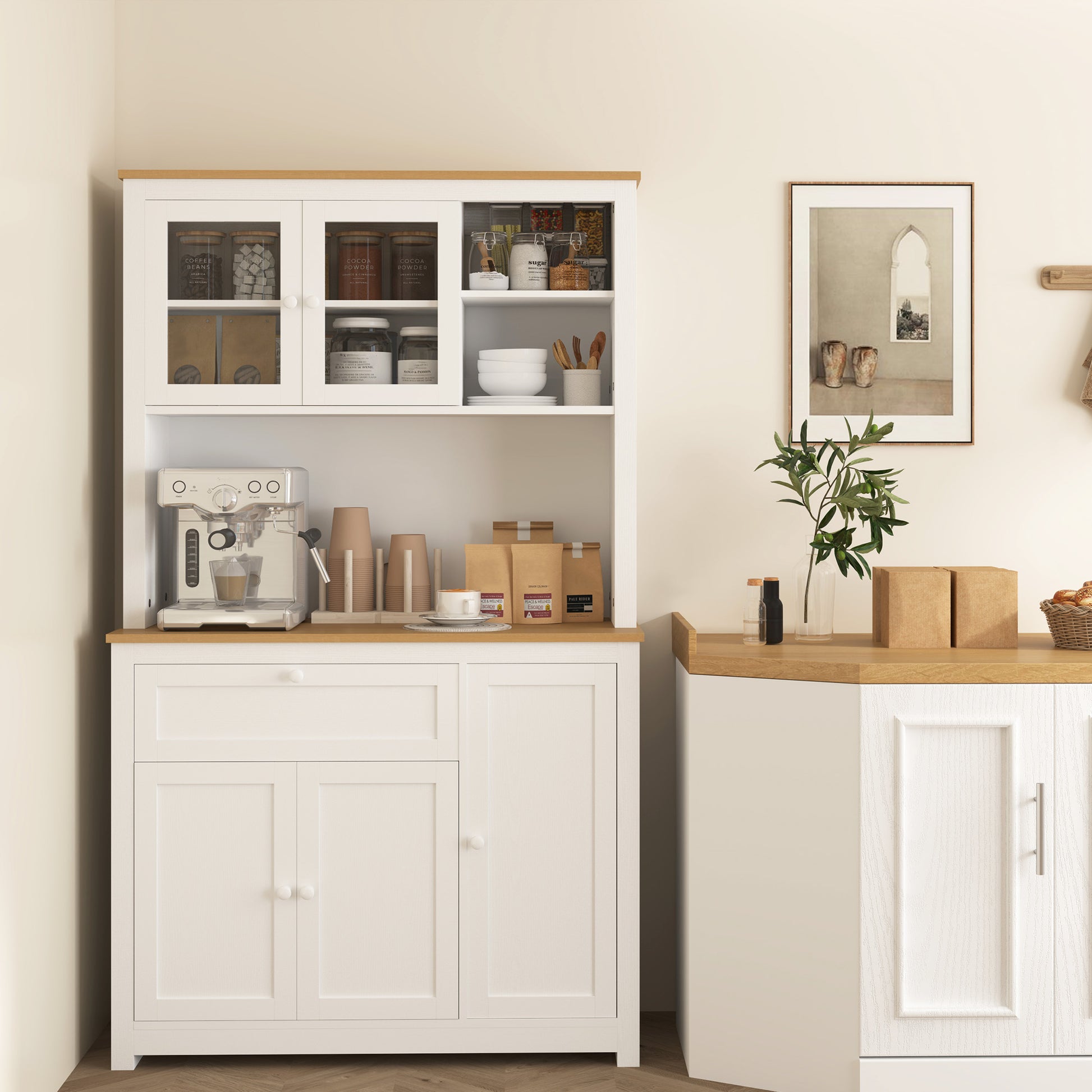Kitchen Cabinet, Kitchen Buffet with Drawer, Multipurpose Cabinet with 2 Open Shelves, 3 Cabinets, Display Cabinet with Tabletop for Living Room, White, 100 x 40 x 180 cm