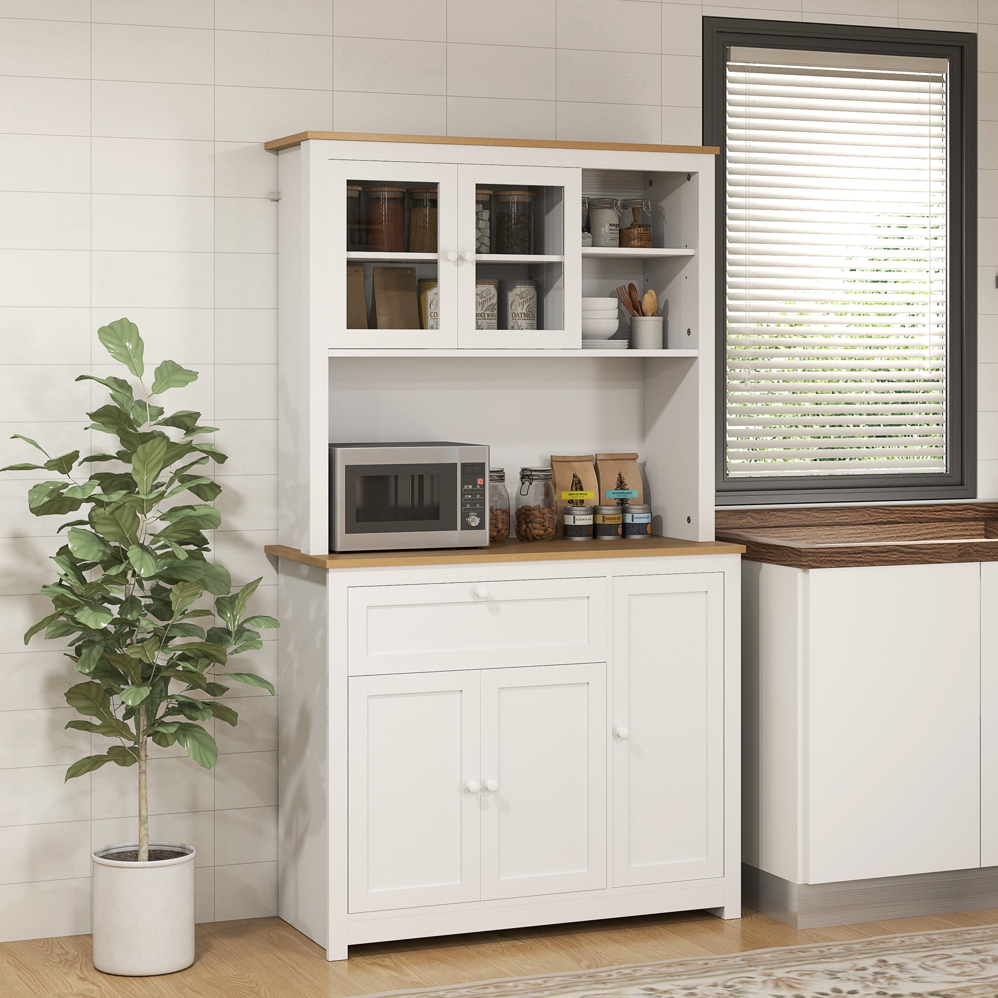Kitchen Cabinet, Kitchen Buffet with Drawer, Multipurpose Cabinet with 2 Open Shelves, 3 Cabinets, Display Cabinet with Tabletop for Living Room, White, 100 x 40 x 180 cm