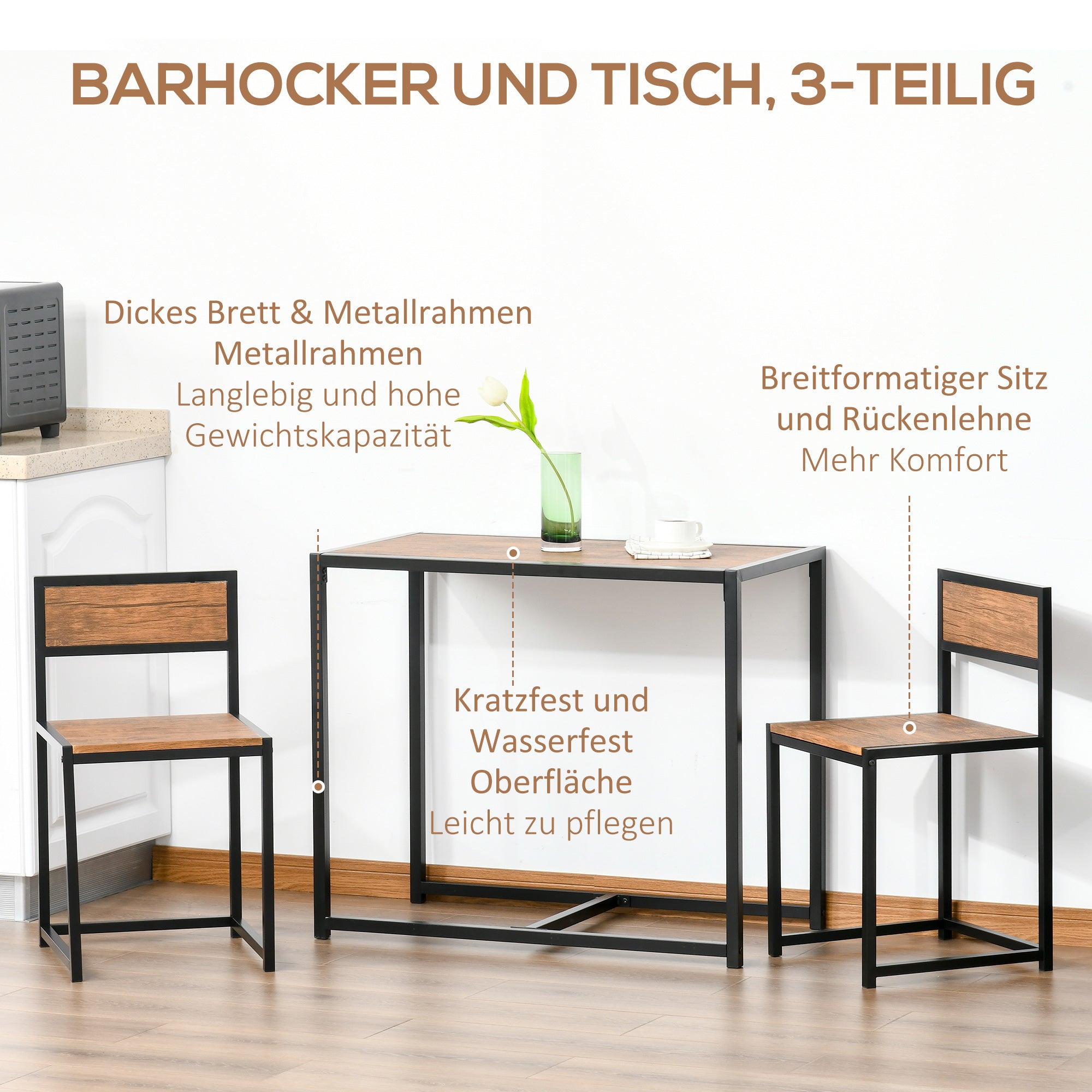 3-piece Dining Set, Kitchen Table, Dining Table with 2 Chairs, Dining Table Set, Dining Group for Kitchen, Dining Room, Metal, Natural