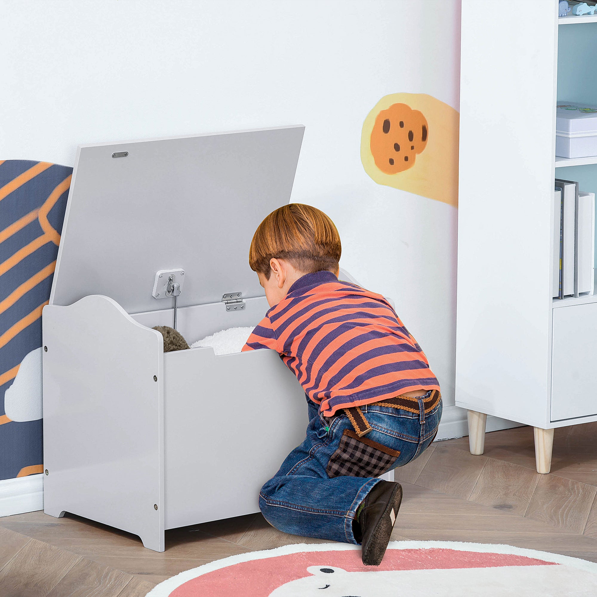 Wooden Children's Toy Chest, Storage Bench for Nursery with Pneumatic Piston Lid, 60x40x48cm, Gray