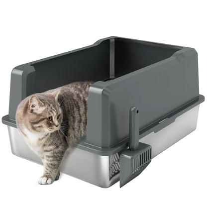 XXL Stainless Steel Cat Litter Box, 85L Large Capacity, Semi-enclosed Cat Toilet House, with Scoop and Non-slip Pads, Easy to Clean, 71 x 50.8 x 35.5 cm, Gray