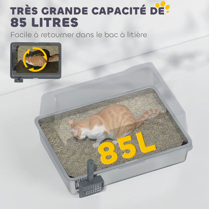 XXL Stainless Steel Cat Litter Box, 85L Large Capacity, Semi-enclosed Cat Toilet House, with Scoop and Non-slip Pads, Easy to Clean, 71 x 50.8 x 35.5 cm, Gray