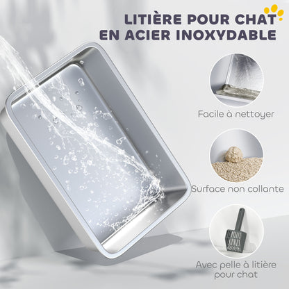 XXL Stainless Steel Cat Litter Box, 85L Large Capacity, Semi-enclosed Cat Toilet House, with Scoop and Non-slip Pads, Easy to Clean, 71 x 50.8 x 35.5 cm, Gray