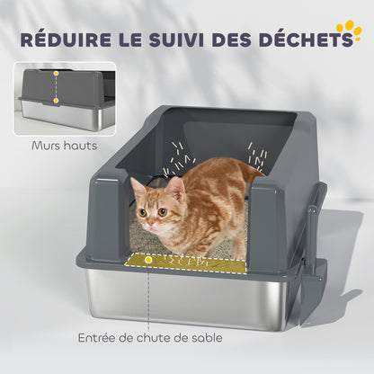 XXL Stainless Steel Cat Litter Box, 85L Large Capacity, Semi-enclosed Cat Toilet House, with Scoop and Non-slip Pads, Easy to Clean, 71 x 50.8 x 35.5 cm, Gray