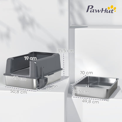 XXL Stainless Steel Cat Litter Box, 85L Large Capacity, Semi-enclosed Cat Toilet House, with Scoop and Non-slip Pads, Easy to Clean, 71 x 50.8 x 35.5 cm, Gray