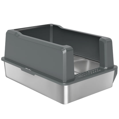 XXL Stainless Steel Cat Litter Box, 85L Large Capacity, Semi-enclosed Cat Toilet House, with Scoop and Non-slip Pads, Easy to Clean, 71 x 50.8 x 35.5 cm, Gray