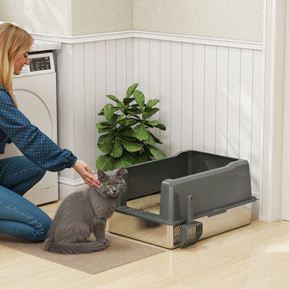 XXL Stainless Steel Cat Litter Box, 85L Large Capacity, Semi-enclosed Cat Toilet House, with Scoop and Non-slip Pads, Easy to Clean, 71 x 50.8 x 35.5 cm, Gray