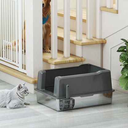 XXL Stainless Steel Cat Litter Box, 85L Large Capacity, Semi-enclosed Cat Toilet House, with Scoop and Non-slip Pads, Easy to Clean, 71 x 50.8 x 35.5 cm, Gray