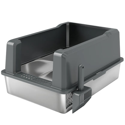 XXL Stainless Steel Cat Litter Box, 85L Large Capacity, Semi-enclosed Cat Toilet House, with Scoop and Non-slip Pads, Easy to Clean, 71 x 50.8 x 35.5 cm, Gray